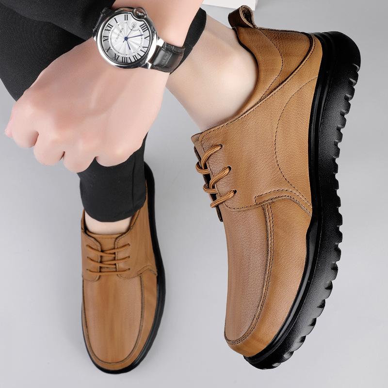

Men s shoes 2025 summer new fashion high-end lace-up casual leather shoes soft sole heightening round head versatile trendy shoes men 46 хаки