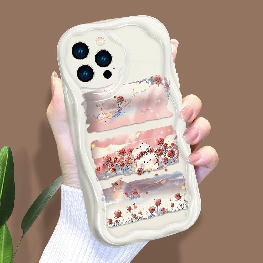 Cartoon Pattern Cream Texture Casing Wavy Edge Soft Silicone Cover Phone Case for IPhone Samsung Huawei Honor Xiaomi Redmi Infinix Tecno
