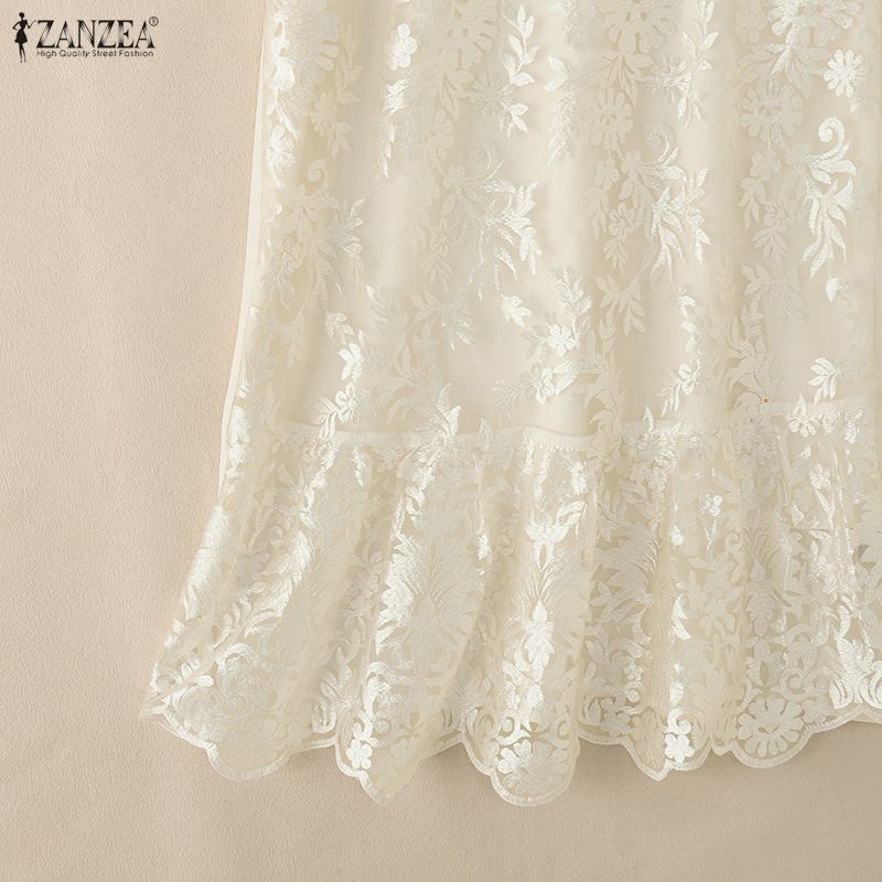 ZANZEA Women Casual Round Neck Lace Patchwork Short Sleeve Dress