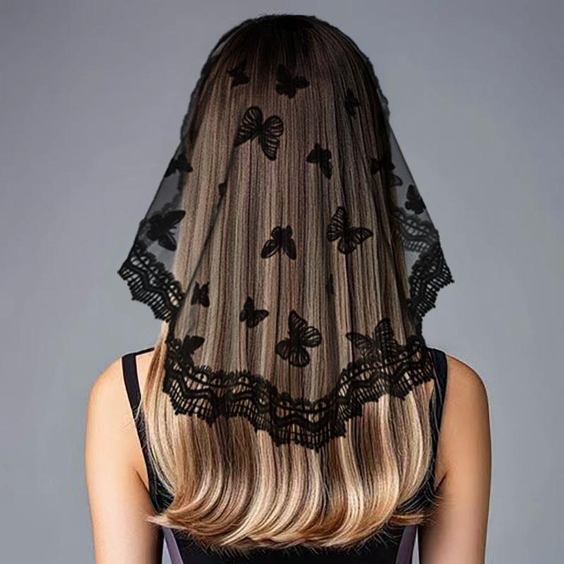 

Круглый кружевной платок на голову, вуаль для девочки, платок для волос, украшения для волос, церковный платок, повязки на голову, этнический свадебный головной убор невесты 45CM чёрный