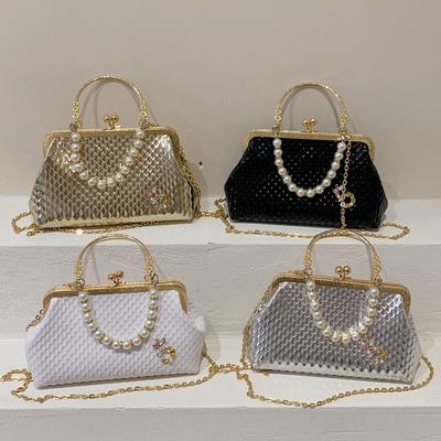 Jeweled Handbags for Women 2023 Pearl Beading Women's Bag Fashion Metallic Texture Crossbody Bags for Women Girl PROM Clutch Bag