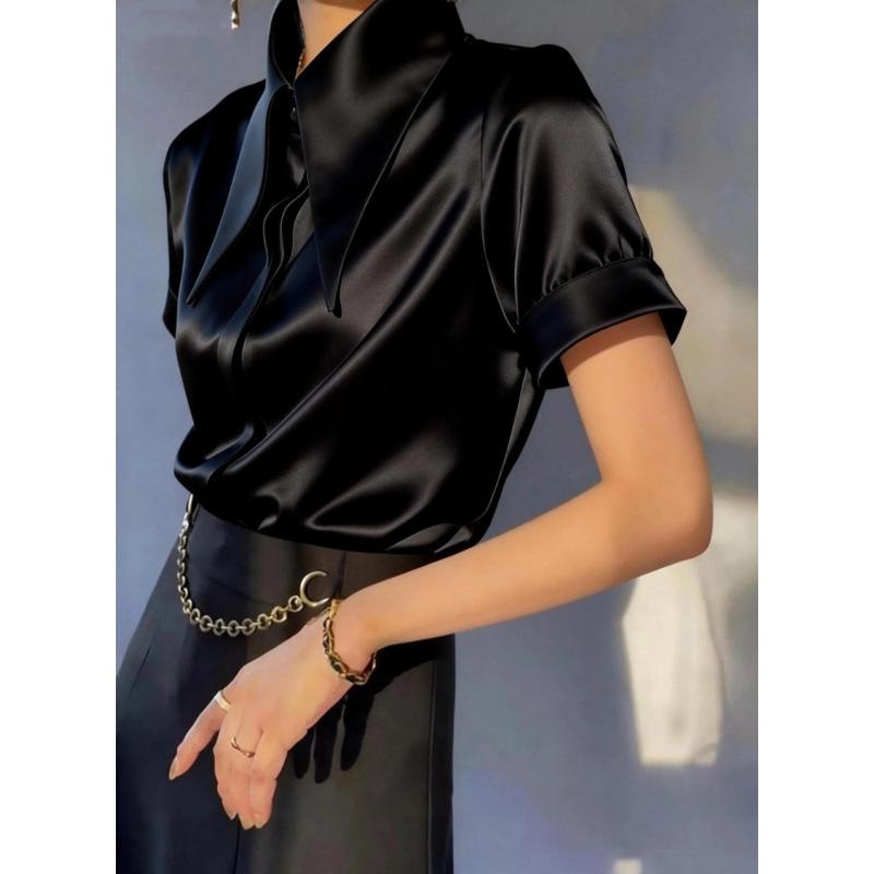 Womens Satin Pointed Collar Short Sleeve Blouse