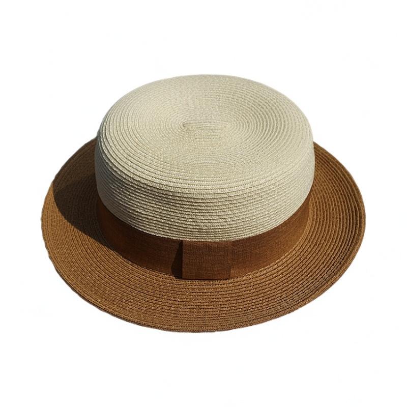 Japanese Retro Small Brim White Khaki Flat Top Top Hat Women'S Summer Sunshade Vacation Beach Sun Straw Hat