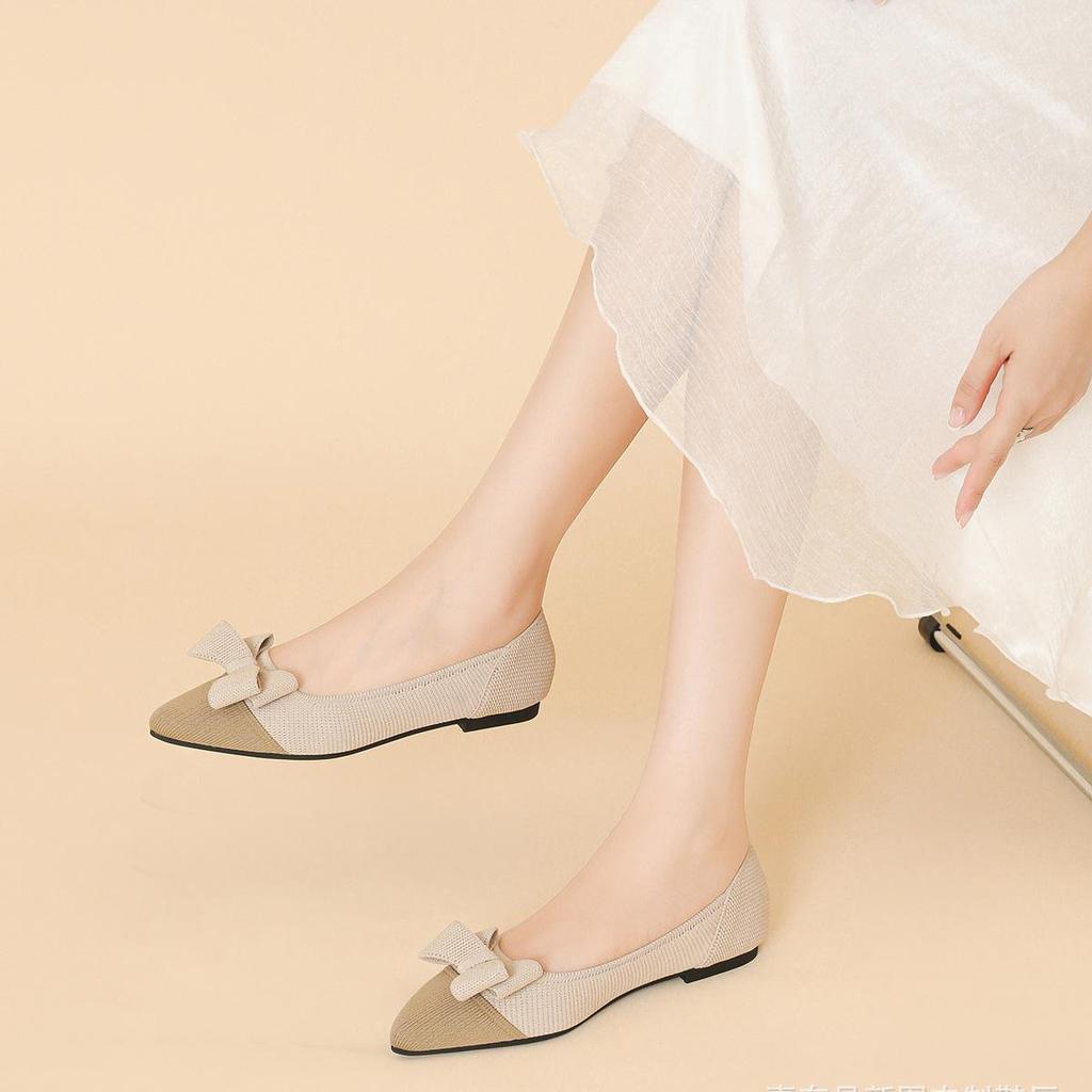 Punta Appuntita Bocca Bassa Tessuto Fondo Piatto Donna Fiocco Lavorato a Maglia Fondo Morbido Scarpe Grandi Taglia 34-43