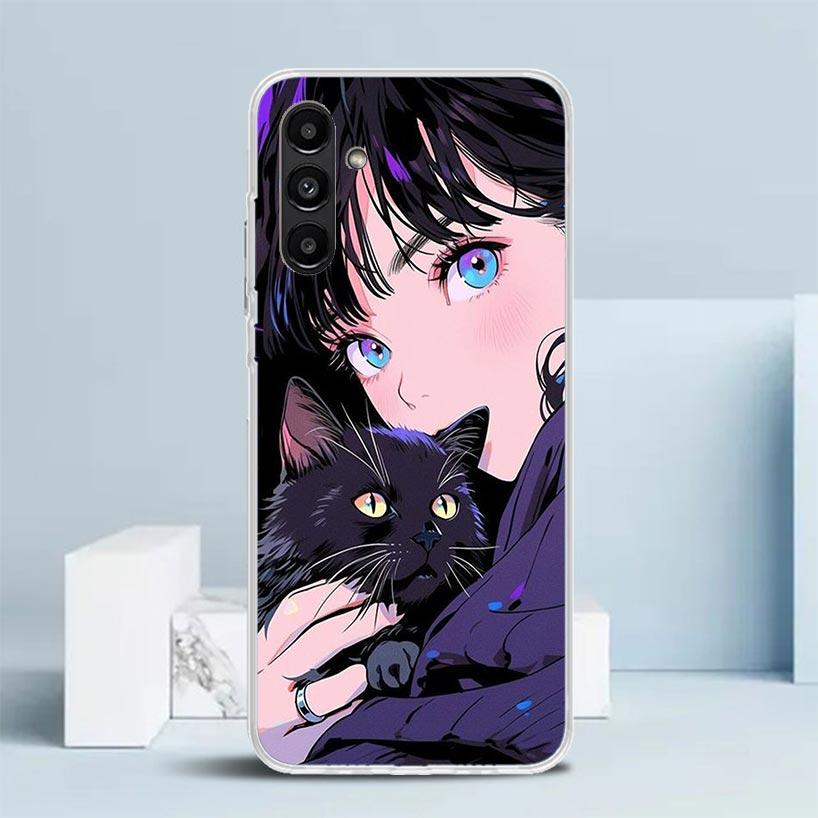Anime Girls Cute Black Cat Phone Case For Samsung Galaxy A17 A37 A57 A16 A15 A14 A13 A56 A55 A54 A53 A36 A35 A34 A33 A26 A25 A24