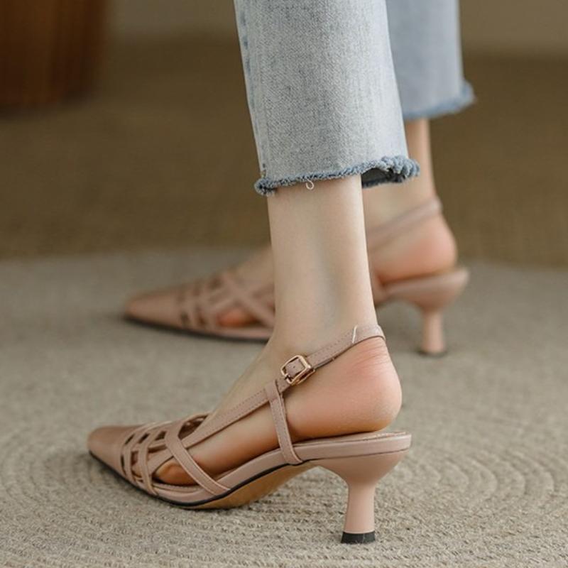 Elegant Heels Fashion Square Toe Hollow Thin Heel Sandals Women Summer Sexy Square Toe Buckle  Shoe Comfort Office Pumps