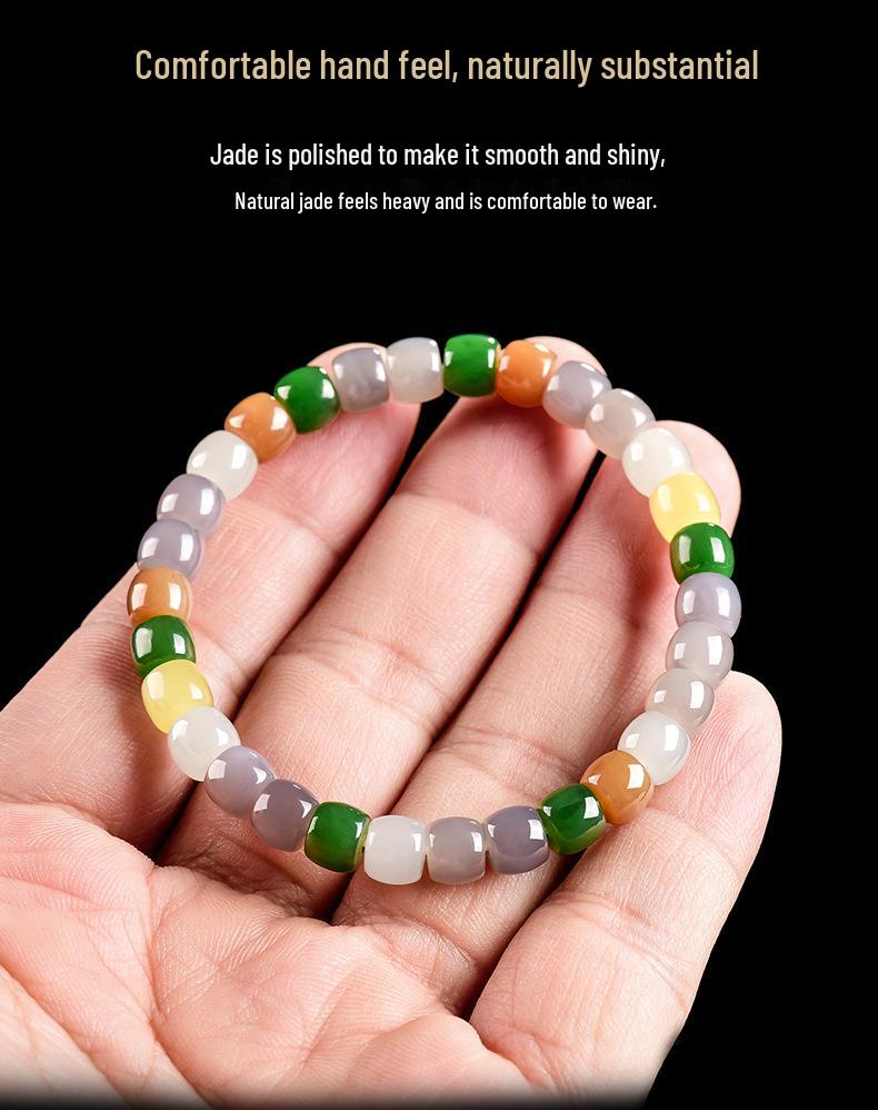 Authentic Hetian Jade Multi-Color Drum Bead Women's Bracelet - New Chinese Style Gift