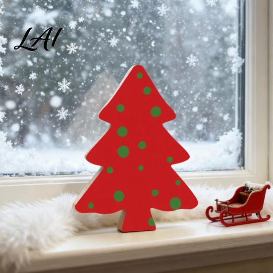 Christmas Tree Decorations Wooden Tabletop Decor Plaid Polka Dots Xmas Wood Signs Red Traditional Festive Ornaments Black Green Desktop Centerpieces