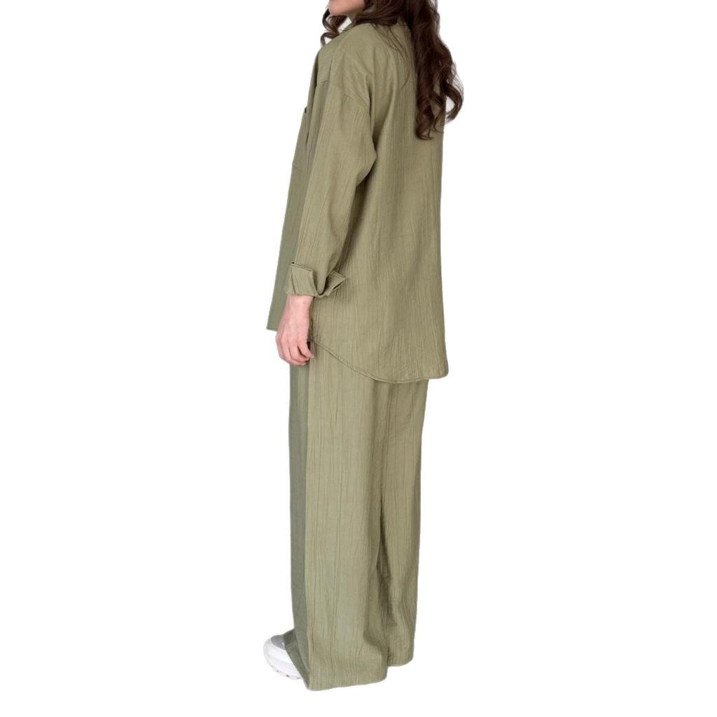 European and American women's clothing new daily casual style long-sleeved button-up shirt drawstring wide-leg pants set