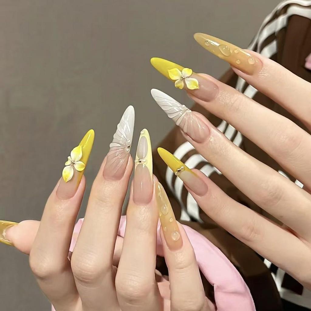 Hand-Painted 3D Ice Flower Yellow French Style Wearable Nails