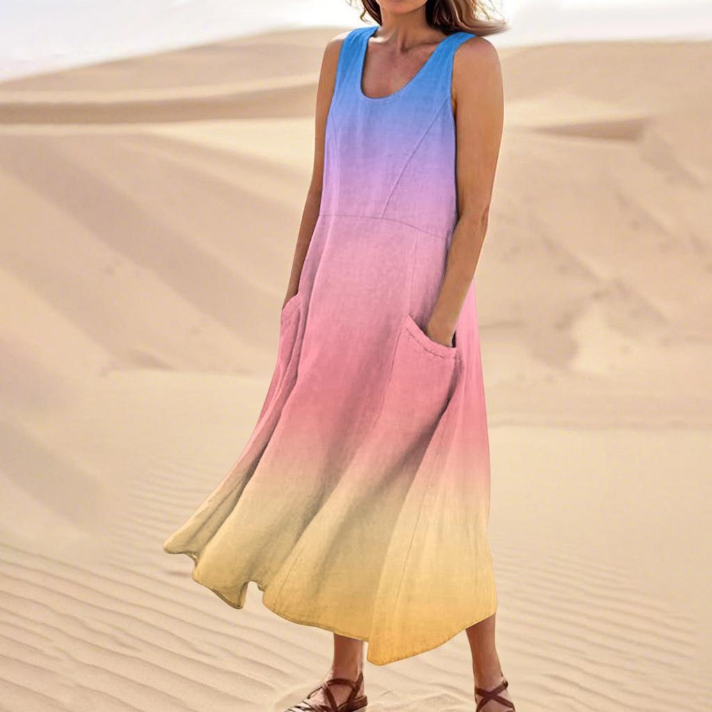 Women's Summer Casual Fashion Flower Printed Sleeveless  Pocket Dress