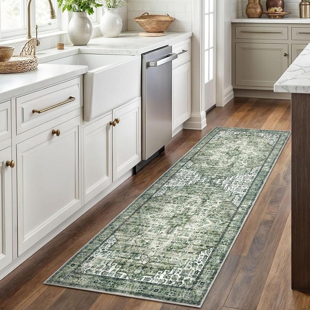 Green Non-Slip Washable Kitchen Runner, Vintage Boho Runners Printed Rug with Non-Shedding, Soft Medallion Floor Carpet for