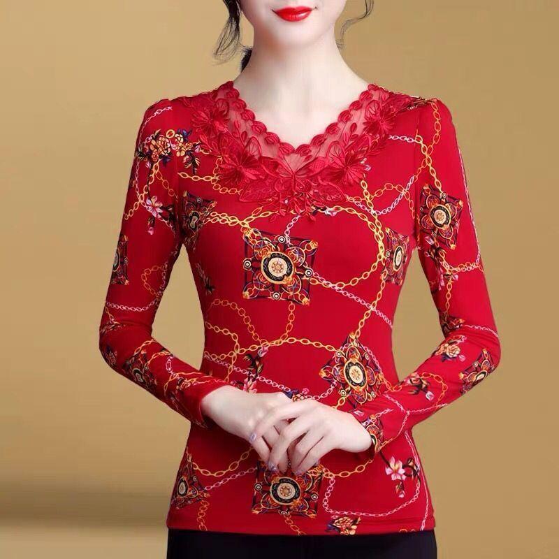 

M-5XL сетчатая футболка осень-зима новая кружевная рубашка с принтом топ с длинными рукавами 2XL красный