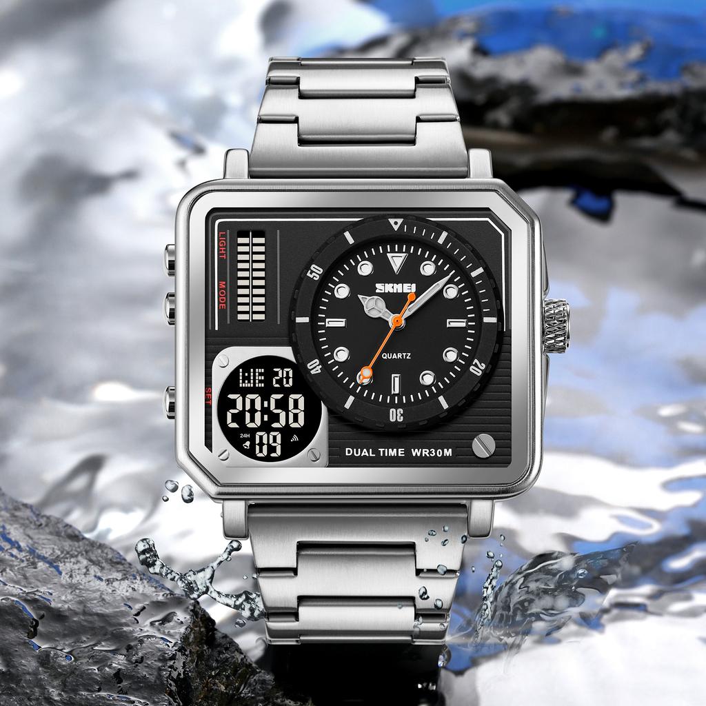 SKMEI Clock reloj hombre Full Steel Back Light Analog Digital Sport Watches Mens Casual 2 Time Chrono Wristwatch Waterproof
