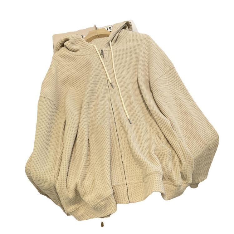 Hooded Waffle Jacket Comfortable Slim Womens Design Fit Autumn Spring Sweatshirt Niche
