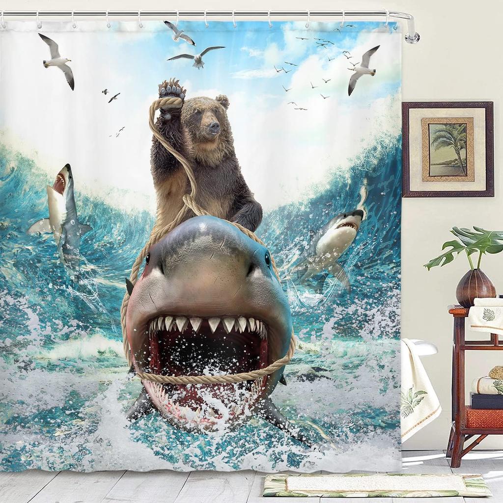 Funny Bear Riding Shark Shower Curtain Ocean Adventure Comical Animal Art Kids Bathroom Decor with 12 Hooks