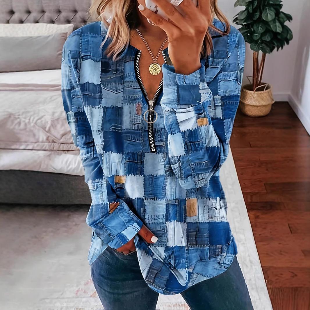 

Жіноча картата футболка з 3D-принтом у стилі ковбойки, модна осіння, з довгим рукавом, вільна, з блискавкою, блузки, топи, жіночий одяг з V-подібним вирізом, повсякденний S