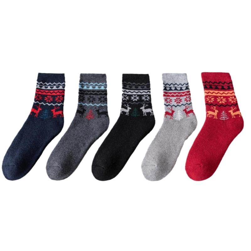 5 Pairs Vintage Ethnic Style Faux Wool Thermal Socks for Men Warm Winter Breathable Hiking Casual Sports Athletic Socks