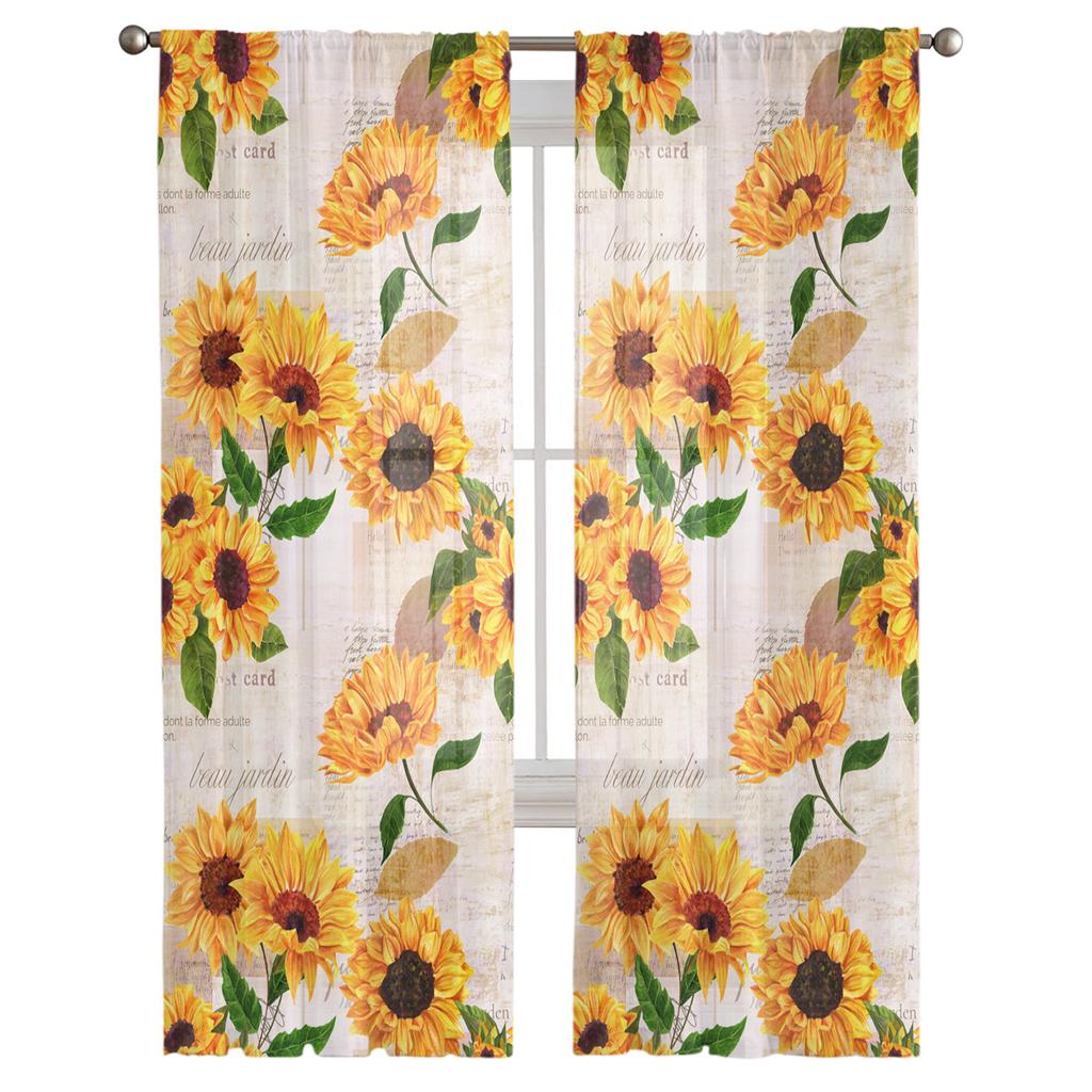 Sunflowers Vintage Newspaper Curtain For Living Room Transparent Tulle Curtains Window Sheer For The Bedroom Accessories Decor