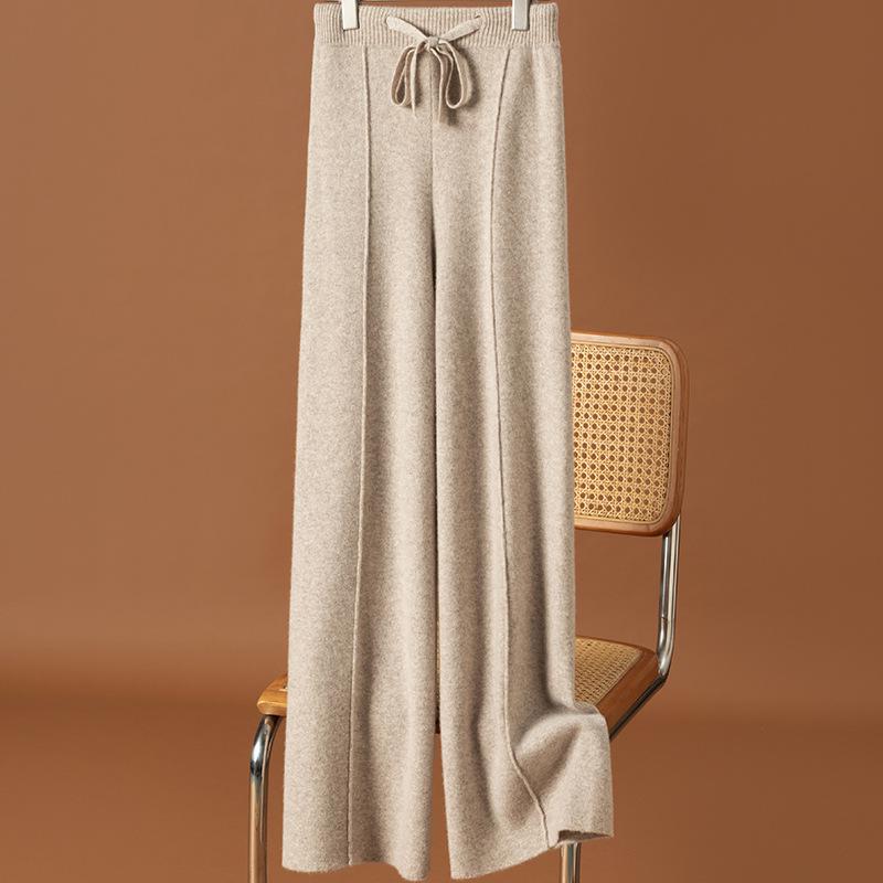 Women's High Waist Wool Wide-Leg Pants: Autumn/Winter Drape Loose Cashmere Knit Casual Wear.