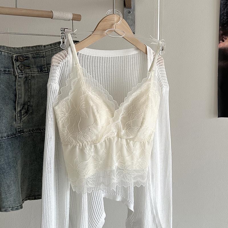 Ya Shuang French Embroidery Lace Camisole with Fixed Cups and Pads - Versatile & Comfortable