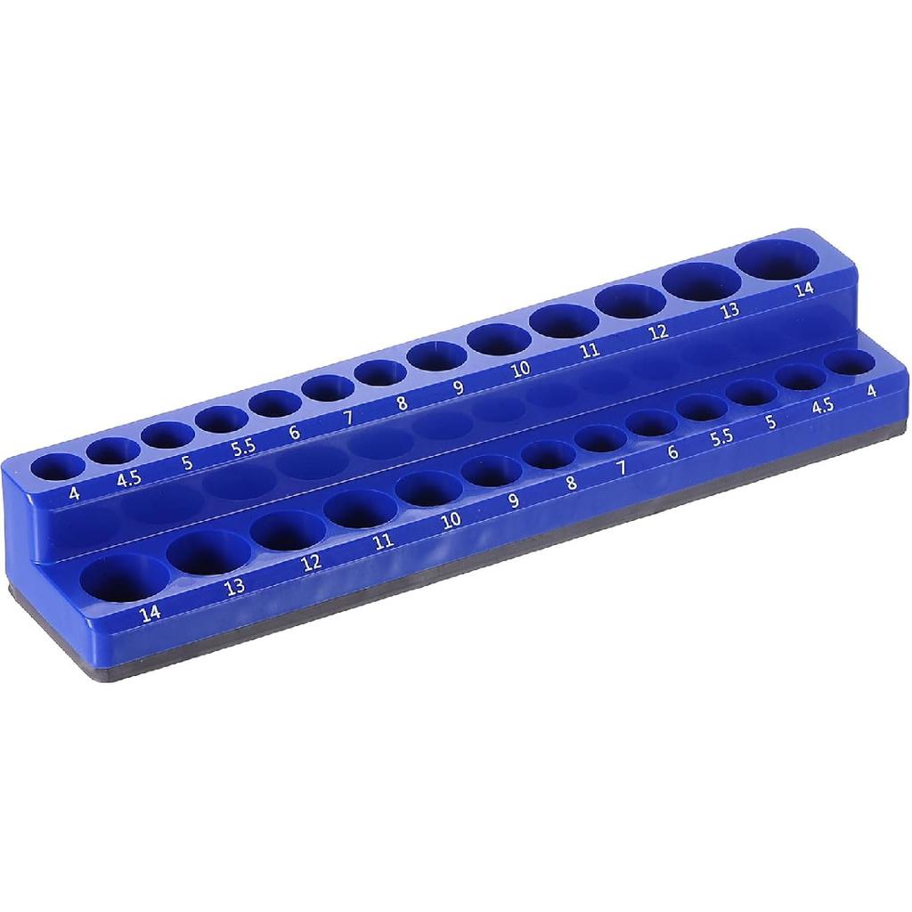 HARFINGTON Magnetic Socket Organizer 1/4" Drive Metric Socket Holder Tray Socket Storage Rack Holds 26 Standard and Deep Size Sockets, Blue