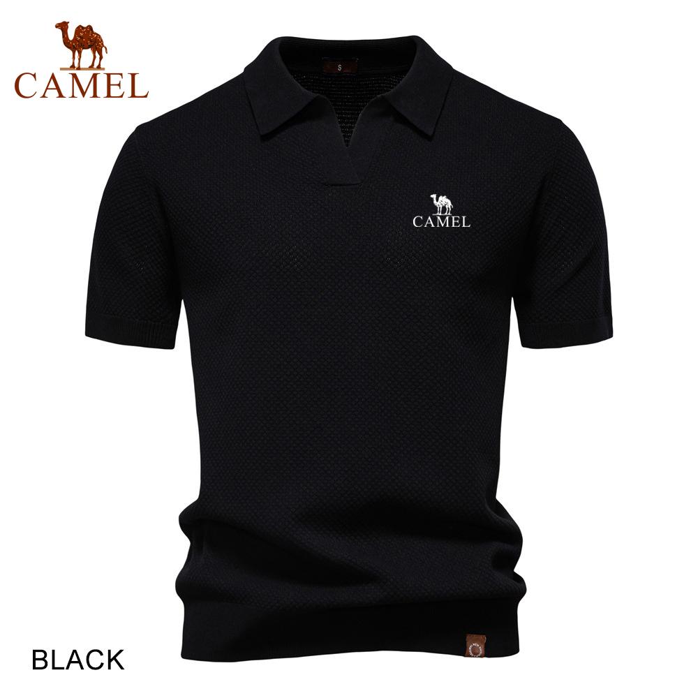 Camel Summer Embroidery Large Pineapple Pattern Woolen Polo Sweater for Men's Business, Seagull Collar, Men's Short Sleeve Sweater
