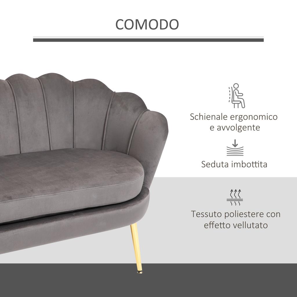 2-Seater Small Sofa In Velvet Effect Fabric with Armrests, Modern Sofa with Padded Seat for Bedroom and Living Room, 133x63x75cm, Grey