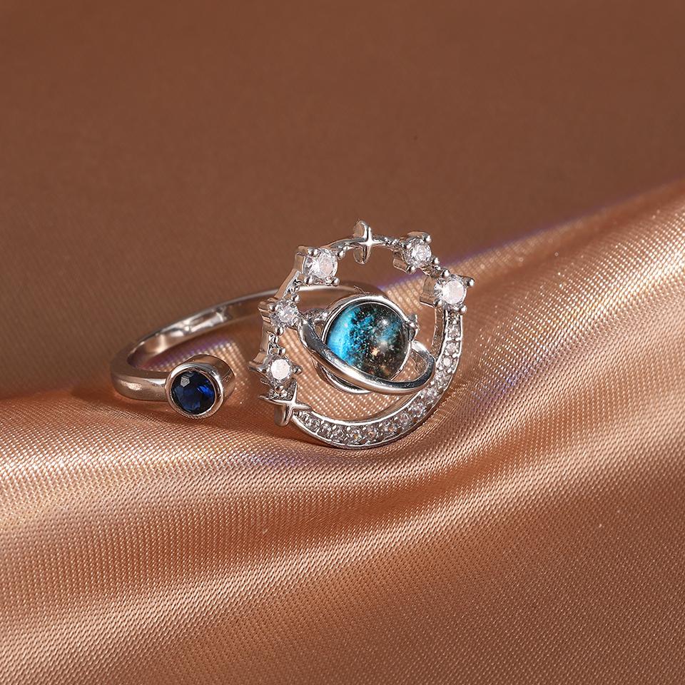 ZAKOL New Blue Planet Series Shiny Zircon Adjustable Open Ring for Women Exquisite Unique Anniversary Birthday Zircon Gift