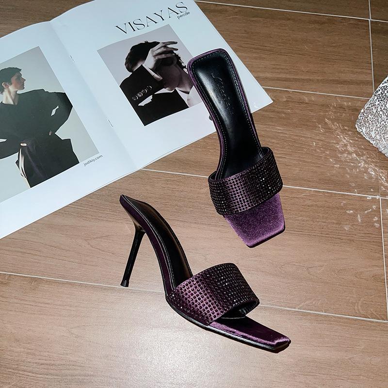 

Poplar woods rhinestone square head high-heeled slippers 2025 summer new Internet celebrity stiletto with Roman style sandals women 40