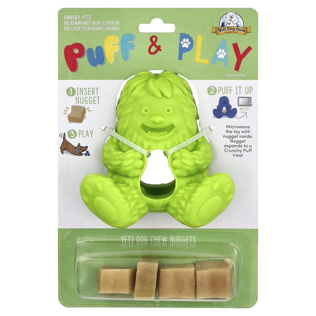 Yeti Dog Chew, Puff & Play, Treat Dispenser, Yeti Dog Chew Nuggets, Green, 4 Nuggets, 1 Dispenser