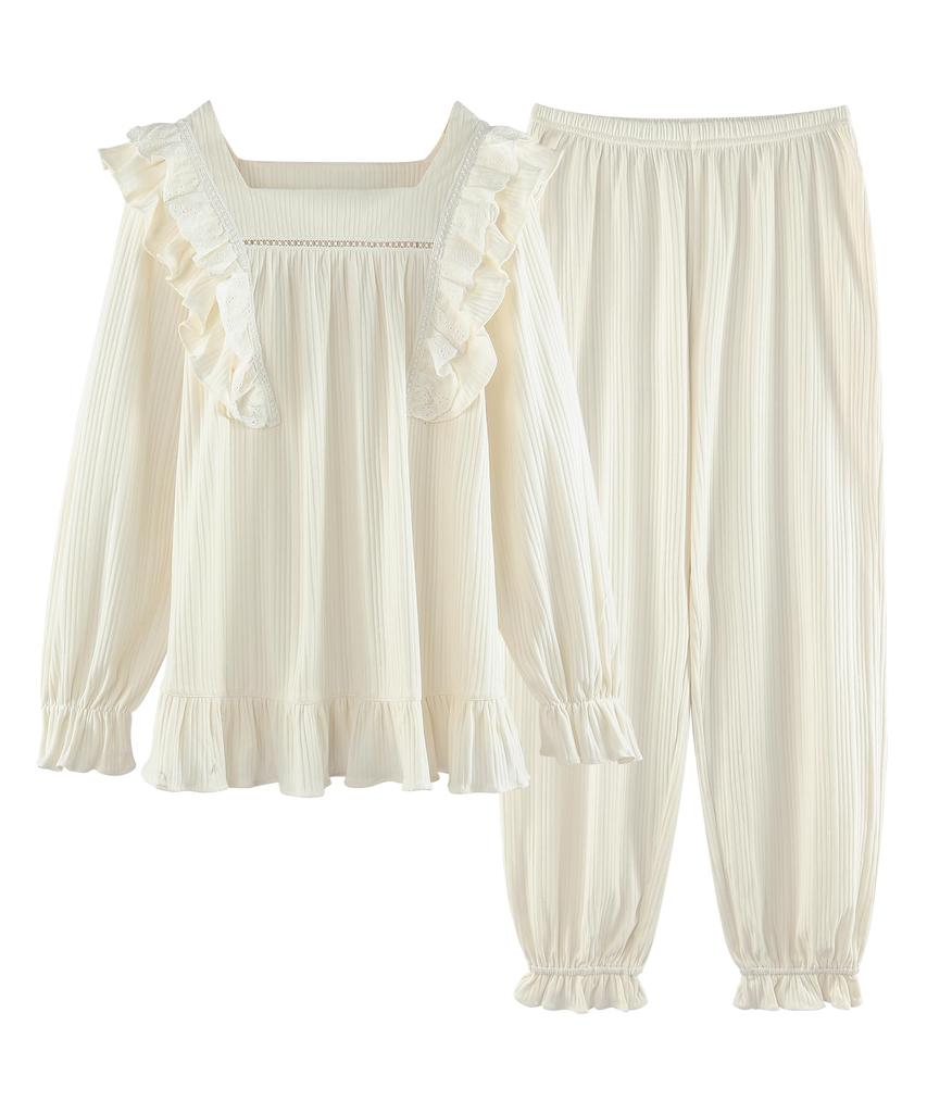 BAJAOEY Pajama Long Lightweight Pleated Lace Cute and Casual Wear for Indoor Wear Women's Set, 100% Cotton, Sleeve, Loungewear, Pajamas, Soft, Women,