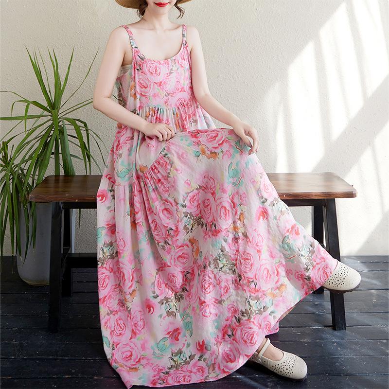2025 Summer Cotton Linen Printed Long Sling Dress with Patchwork Design