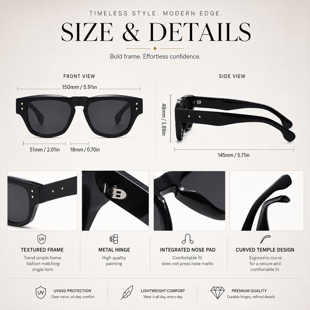 Retro Bold Square Sunglasses Unisex Black Rivet Decor UV400 Protection Fashion Shades Men Women Trendy Daily Outdoor Sun Glasses