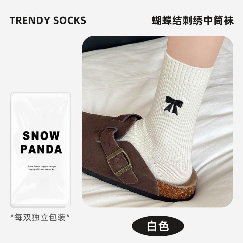 Bow Socks Women'S Autumn Korean Wind Cotton Socks Retro Medium Tube Socks Solid Color Women'S Socks Medium Tube Stacking Socks