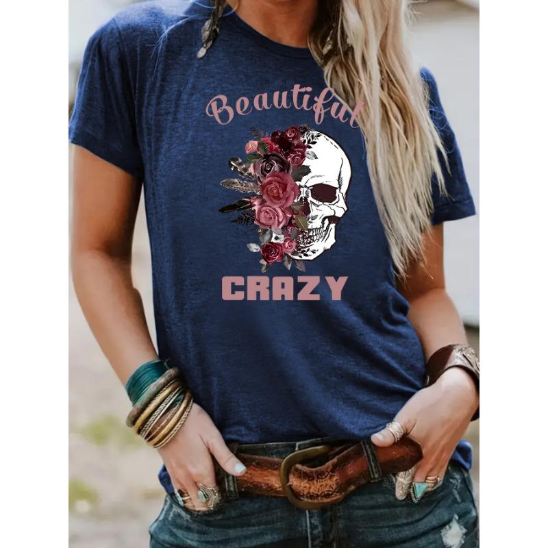 Round-neck Fashionable Skull Flower Print Top Women's T-shirt with Loose Short Sleeves