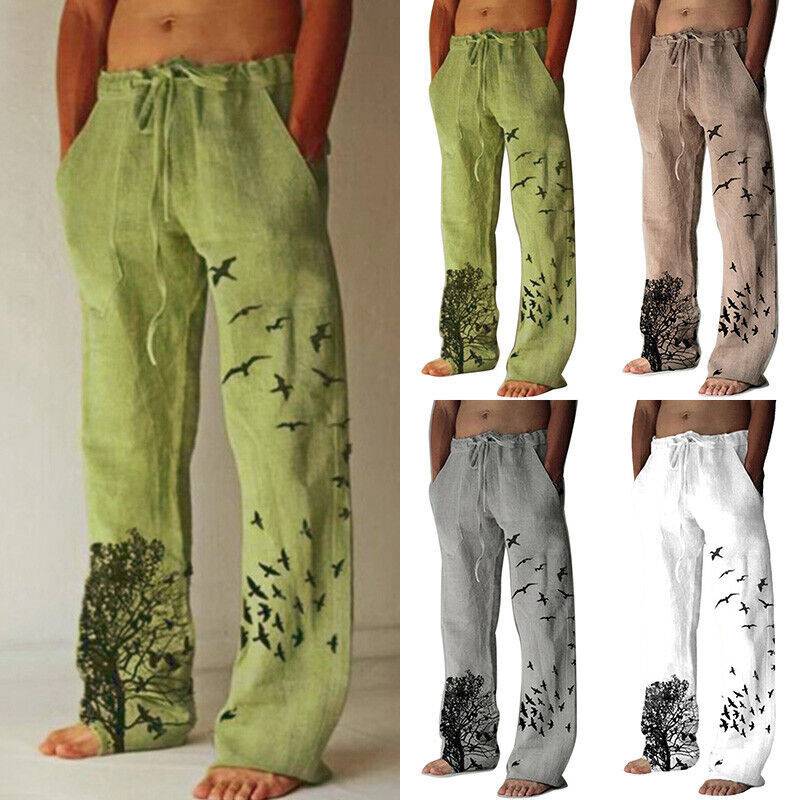 

Hippy Long Mens Loose Pants Beach Scenery Printed Cotton Linen Casual Trousers