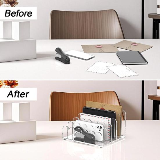 Acrylic Mail Organizer Desktop Clear Document Sorter Vertical File Holder 5-Compartment File Rack Desk Organizer