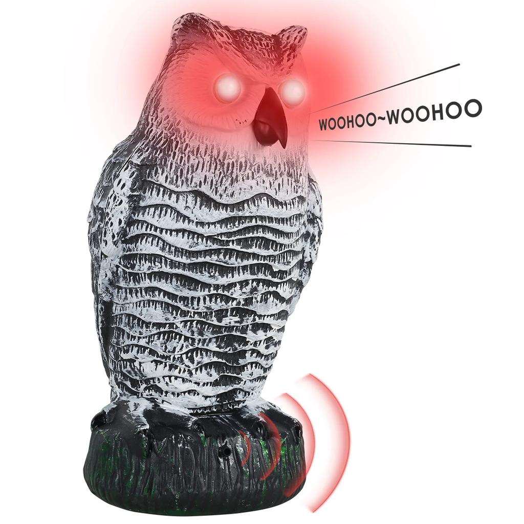 Sova Strašák na Ptáky s 360° Otočnou Svítící Hlava Zvuková Vodotěsná Falešná Sova Strašák Odstrašující Životní Simulace
