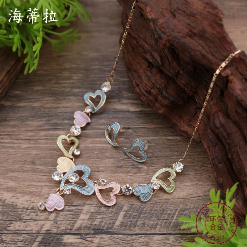 New enamel color hollow love stud earrings necklace set women's fashion high sense heart necklace