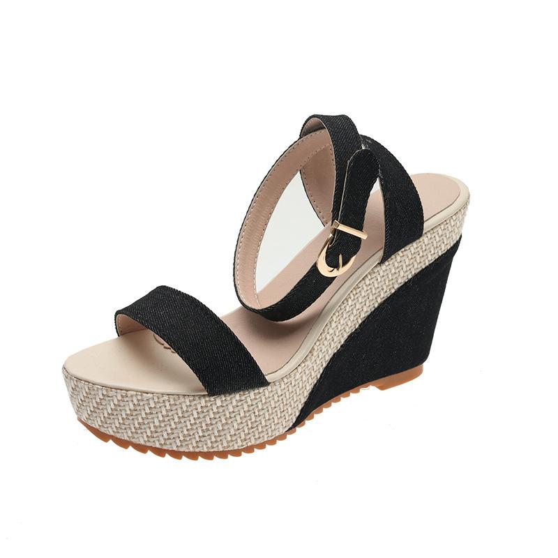 One word with slope heel open-toed high-heeled sandals women's large size waterproof table cloth cool slippers