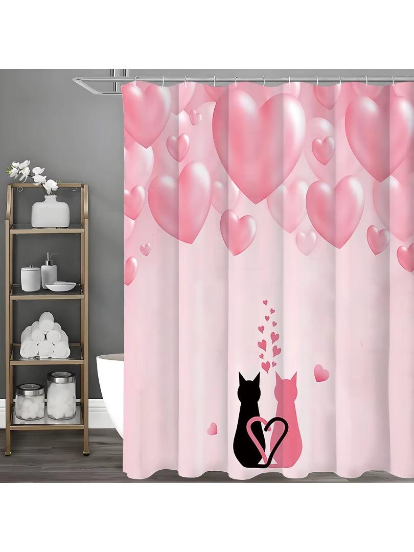 Valentine s Day Black Pink Cat Pink Love Shower Curtain, Bathroom Decorative Shower Curtain, Waterproof Shower Curtain with Hook W90xH180cm