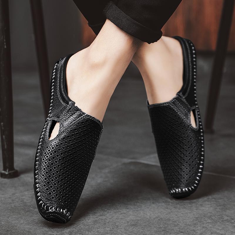Half Shoes For Men Leather Mules Men Semi-Drag Casual Shoes Man Slides Backless Loafers Slippers Slip On Flats 2024