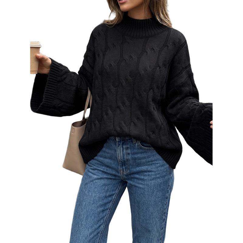 High Neck Sweater Women Loose Pullover Flare Sleeve Mock Neck Lazy Style Knit Top