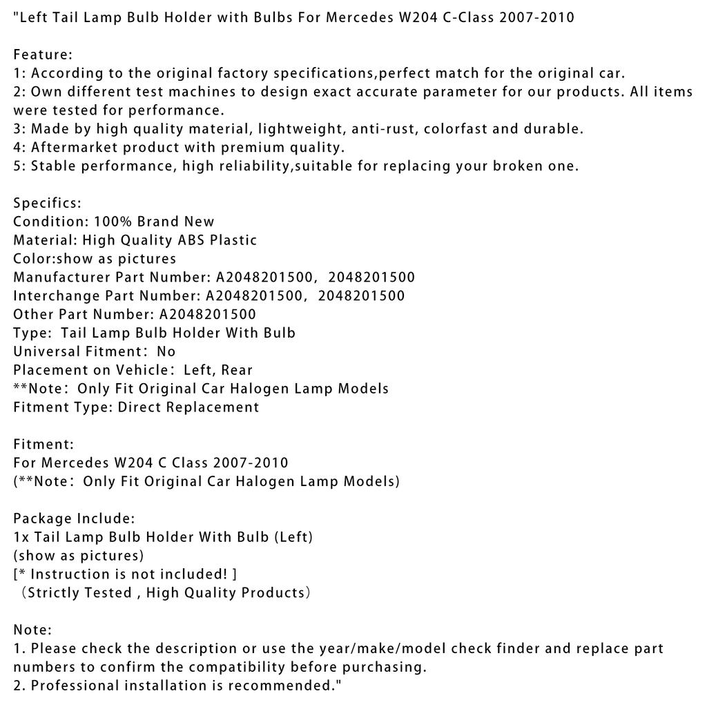 Left Tail Lamp Bulb Holder with Bulbs For Mercedes W204 C-Class 2007-2010