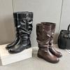 Sheepskin Version~ Pleated Stacked Boots, Women's Big Tube Circumference Temperament Fashion Belt Buckle Versatile But Knee Boots