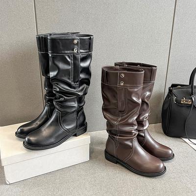 Version peau de mouton~ bottes plissées à tige haute, tempérament mode pour femmes, boucle de ceinture polyvalentes mais bottes genou