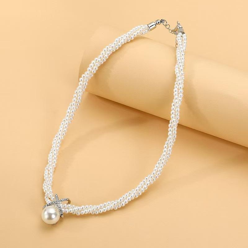 Women's Multi-layer Fried Dough Twists Collar Bone Winding Pearl Cross Short Necklace