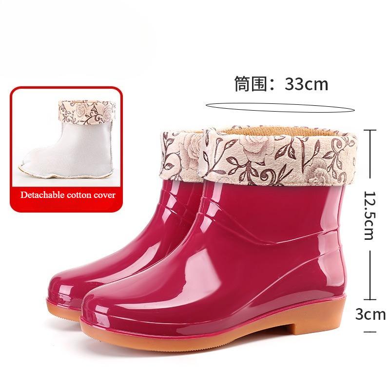 Autumn and Winter Velvet Waterproof Short Tube Women's Rain Boots Round Toe Outdoor Anti Slip Garden Shoes Durable Rubber Boots