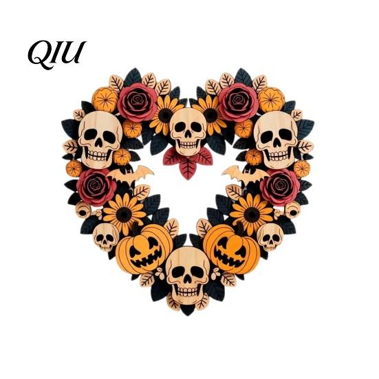 Halloween Door Decoration Flower Skull Pumpkin Wreath Decorations, Heart Shape Welcome Hanging Sign, Happy Front Autumn Hanger Decor, Wooden Ornaments